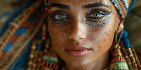 Wall Mural - A woman with blue eyes and gold earrings is wearing a colorful head scarf. She has gold eyeliner and blue eyeshadow