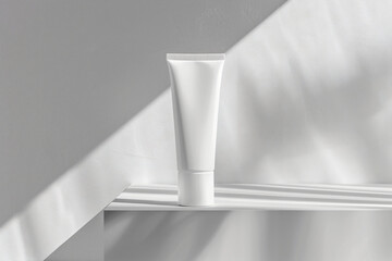 Fototapete - White mockup of facial cream tube on podium, soft shadow, light gray background, minimalist style, in the style of advertising photography, studio shot, close-up, high resolution


