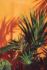 Poster - A close up of plants in front of an orange wall, aesthetic sunset photography, boho style of plants and palm trees with a minimalist color palette composed using the golden ratio.