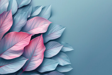 Wall Mural - Abstract composition of pink and blue leaves on a turquoise background, creating a serene and artistic design.
