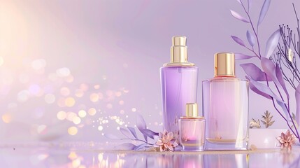 Wall Mural - Perfumes on a soft purple and pink background, with subtle golden highlights.