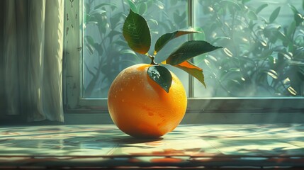 Wall Mural - A close up of an orange with a leaf on top