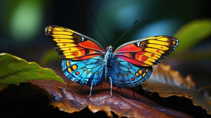 Wall Mural - a colorful butterfly with multicolored wings is sitting on a wooden surface.