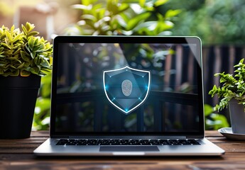 Poster - Safe online browsing concept with laptop and shield icon representing cybersecurity and data protection