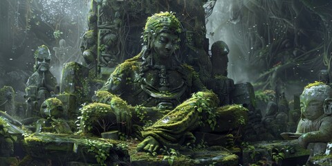 A statue of a person sitting on a stone slab with moss growing on it generated by AI