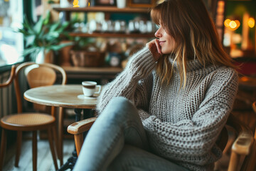 Wall Mural - Beautiful young Caucasian woman relaxing in cafe on weekend. Relaxation, lifestyle concept