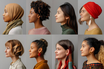 Wall Mural - group of profile picture of multiracial various nationality happy teenager woman. diversity concept