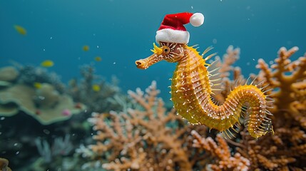 Wall Mural - Seahorse Wearing Santa Hat Under Water