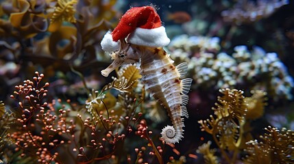 Wall Mural - Seahorse wearing Santa Hat