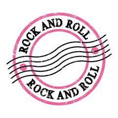 Sticker - ROCK AND ROLL, text on pink-black grungy postal stamp.