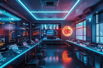 Aufkleber - Futuristic control room with advanced computer technology and neon lights, showcasing modern tech workspace and data analysis capabilities.