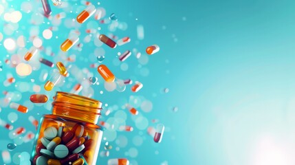 Poster - Open bottle of assorted pills and capsules spilling out against a bright blue background. Concept of medicine, healthcare, and treatment.