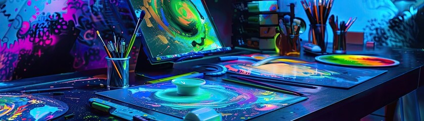Poster - Vibrant artist workspace with neon colors, digital art tools, and creative vibes, perfect for inspiring artistic creativity and innovation.