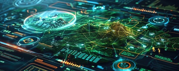 Poster - Futuristic digital interface displaying complex holographic data, connectivity, analytics, and technological advancements in a virtual environment.
