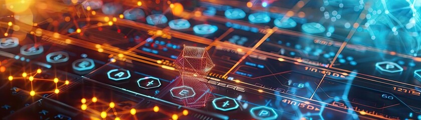 Aufkleber - Futuristic technological interface with holographic elements, data visualization, and interconnected network nodes in glowing colors.