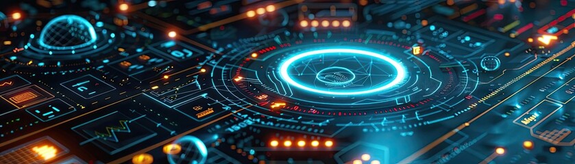 Poster - Futuristic digital interface with glowing elements, showcasing advanced technology and innovation in a high-tech setting.
