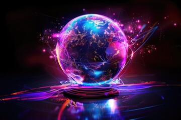 Aufkleber - Futuristic glowing globe with vibrant neon colors and light effects, symbolizing technology, innovation, and global connectivity.