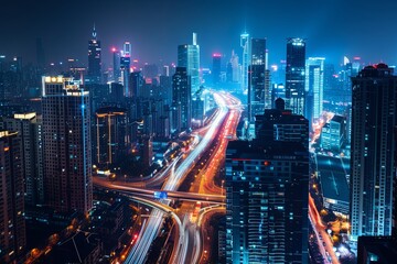 Poster - A night view of a city with tall buildings lit up and a network of highways glowing with traffic lights. Generative AI