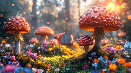 Wall Mural - Enchanted Forest with Mushrooms and Flowers