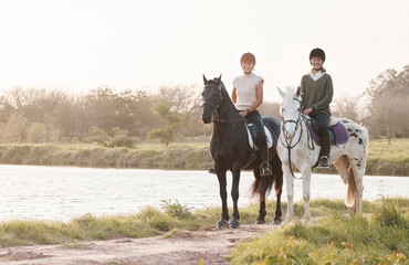 Poster - Portrait, women and horses in countryside for riding, freedom and recreation for adventure for friends. Farm, females equestrian and stallion for training, sports and bonding with animals by river