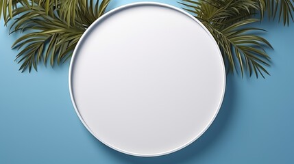 Wall Mural - Tropical Minimalism: White Circle on Blue Background with Palm Leaves