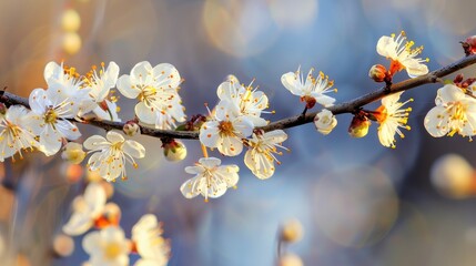 Poster - Gorgeous apricot tree branch with small delicate flowers outdoors Stunning spring bloom