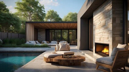 Modern minimalist fireplace exterior design, bright sunny day theme fireplace home decor exterior design with swimming pool