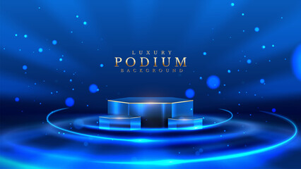 Wall Mural - Empty podium golden on blue background with light neon effects with bokeh decorations. Luxury scene design concept. Vector illustrations.