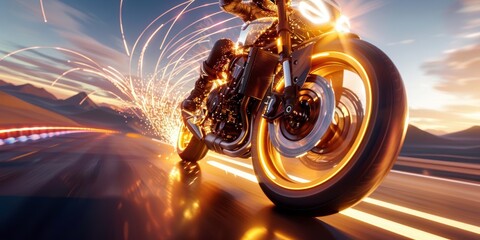 Energetic motorcycle riding at dusk with sparks flying, capturing speed and thrill on an open road with glowing lights and dramatic backdrop.