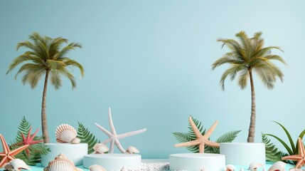 3D render, tropical beach with palm trees and podiums, surrounded by cute seashells and marine life, simple background for mockup