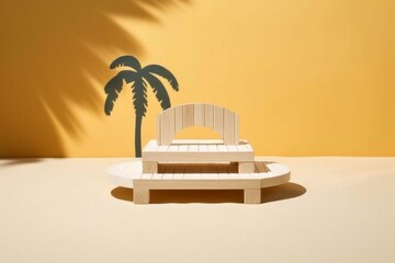 Wall Mural - Wooden Platform with Palm Tree Silhouette on Yellow Wall