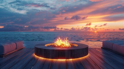 Poster - Fire Pit on a Wooden Deck Overlooking the Ocean at Sunset