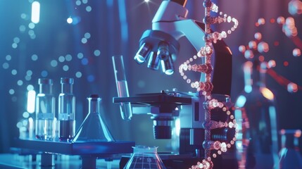 Poster - Microscope and DNA model in a futuristic lab setting. Innovative medical research concept.