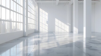Wall Mural - A bright, white empty room with large windows and a polished concrete floor. Sunlight streams through the window, casting soft shadows on one side of the wall.