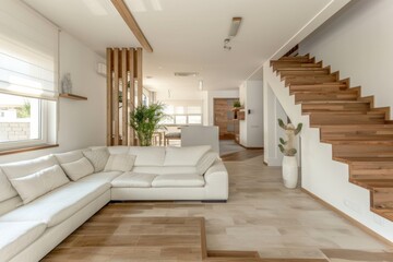 Wall Mural - Interior of modern house, living room with white sofa and stairs