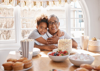 Canvas Print - Grandfather, girl and hug with birthday cake in house for celebration, happiness and memory at party. Child, family and support in home for portrait, congratulations and love together with candy