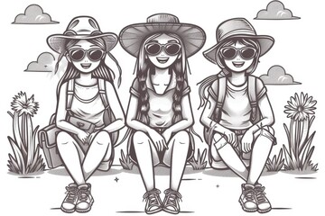 Black and white illustration of friends sitting together, detailed and classic