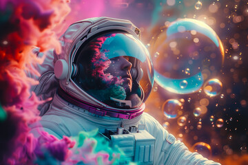 Wall Mural - A lone astronaut floats amidst a swirling kaleidoscope of colors, surrounded by glistening bubbles that reflect the vastness of space
