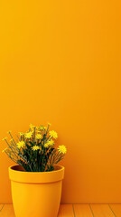 Wall Mural - A yellow flower pot with yellow flowers sits on a yellow wall