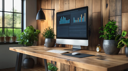 Poster - Computer desk with a desktop monitor displaying a dashboard of graphs and charts