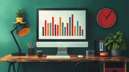 Poster - A computer on a desk displaying financial graphs, a common sight in busy offices where data drives business success