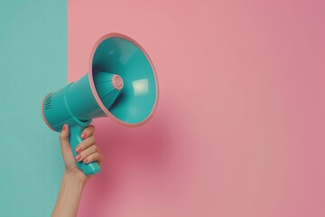 A hand holding a teal megaphone against a pink and teal background, symbolizing announcement and communication. Perfect for marketing and promotional themes.