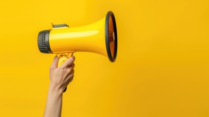person shouting into megaphone, female hand holding megaphone on yellow background, close up, space for text.