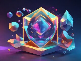 Generate a holographic representation of a screen mockup integrating 3D characters, abstracted into dynamic geometric forms and patterns that enhance user interaction and engagement.