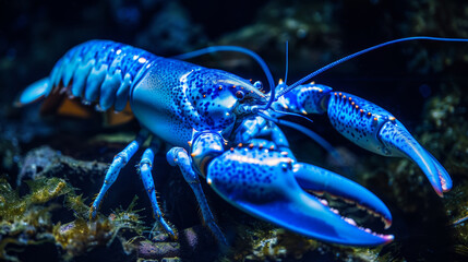 a blue lobster with spotted exoskeleton navigates a dark seabed
