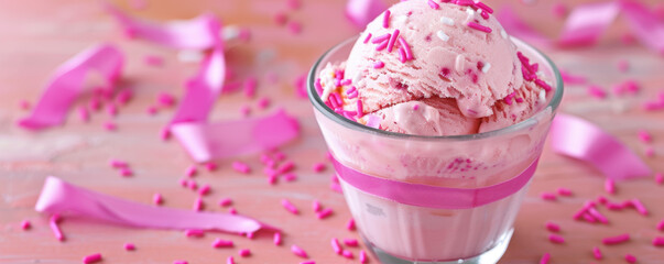 Poster - A pink ice cream in a glass with pink ribbon