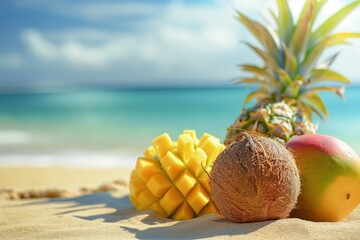 Sticker - a pineapple, mango and coconut on the beach