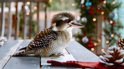 Wall Mural - Native Australian Kookaburra Christmas picnic table festive holiday decorations outdoor Xmas BBQ party wildlife family celebration background exotic Australia bird standing rustic fauna fun background