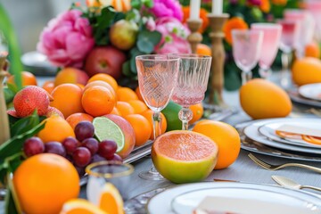 Poster - a table setting with fruit and flowers