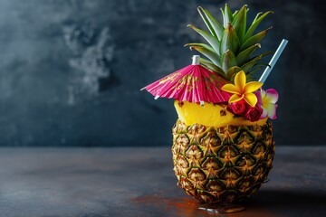 Poster - tropical drink with pineapple and umbrella on dark background - fbk-foto